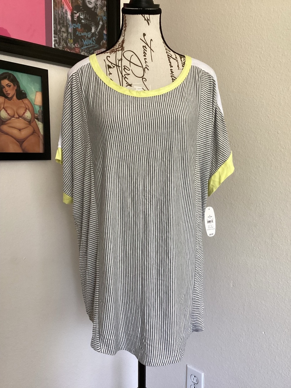 Secret Treasures Sleepwear Striped Short-Sleeve Tunic with Yellow Trim 2X NWT